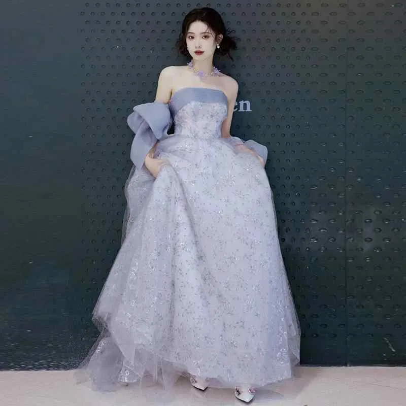 イブニングドレス レディース ビッグサイズ ブルー ストラップレス フォーマル パーティー 婚約式 成人式 誕生日パーティー 司会用 ワンピース ドレス 肩ストラップなし 膝丈 シック スタイリッシュ