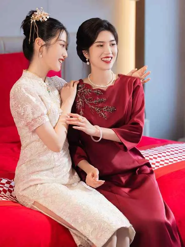 秋冬 チャイナドレス ワンピース レディース 結婚式 母親用 厚手 フォーマル 礼服 上品 スリット スタンドカラー