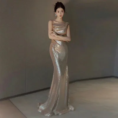イブニングドレス 女性用 シャンパンカラー ストラップ マーメイド 高級感 結婚式 婚約 敬酒ドレス 新婦用 ワンピース フォーマル ロングドレス エレガント シルエット