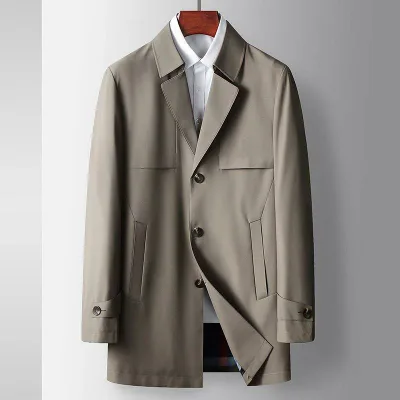 Trench Coat Men's Spring/Autumn Plain Color Luxury Business Single Breasted Casual Long Length Lightweight Commuting Outerwear Jacket