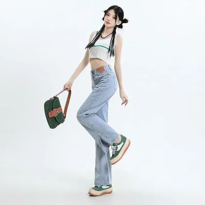 Women's Denim Pants, High Waist, Wide Leg, Straight Slit, Slim Look, Draped, Suitable for Petites, Comfortable, Casual, Everyday Use, Cotton Blend, Stretchy