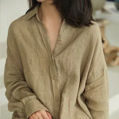 夏用 女性用 綿麻 シャツ シンプル カジュアル スクエアネック ドロップショルダー 長袖 ゆったり トップス 軽量 吸湿速乾 普段使い