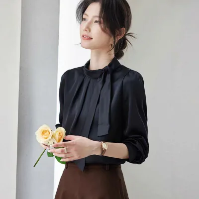 シャツ 女性用 長袖 春 リボン スタンドカラー 通勤 職業 トップス ユニーク デザイン スタイリッシュ インナー 普段使い 軽量 綿素材 ブラウス フレンチスタイル