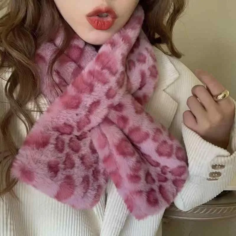 スカーフ レディース 秋冬 暖か かわいい ピンク ヒョウ柄 クロス フェイクファー ウサギ毛 韓国スタイル 普段使い 軽量 ストール