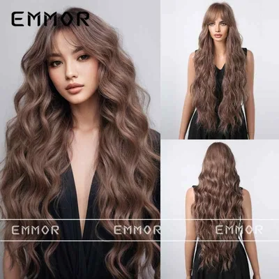 ウィッグ 女性用 ロングヘア M字バング 欧米 ブラウン 大波浪 カール フルヘッドタイプ リアル ナチュラル スタイル ボリューム あり 日常使い 対応 軽量 フィット感 高品質 合成繊維 調整可能 ヘッド