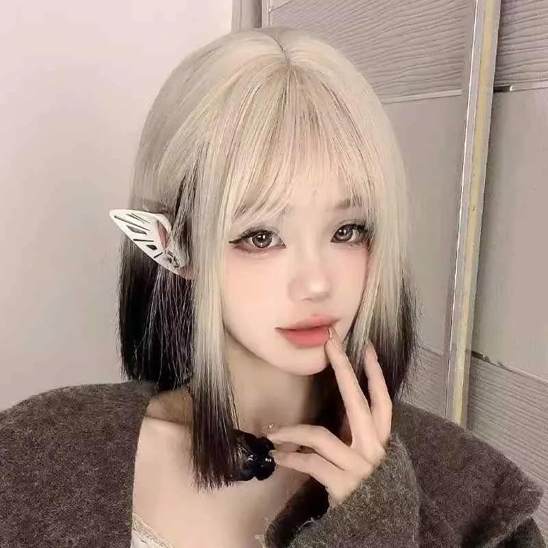 ウィッグ 女性用 ショート ストレートヘア 黒白 グラデーション フルヘッド リアルヘア 毛先 染め スタイリッシュ ナチュラル 質感 日常使い 合成繊維 高品質