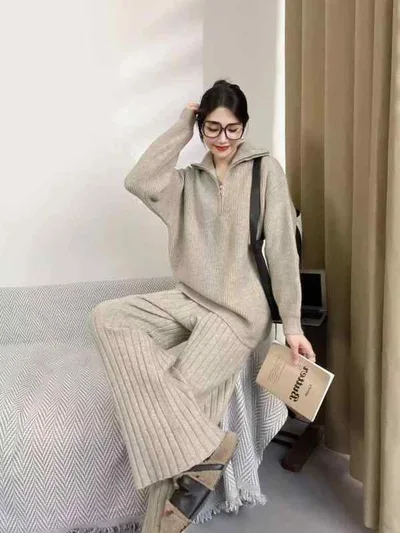 セットアップ レディース 秋冬 ゆったり 大きいサイズ ニット セーター ハーフジップ スタンドカラー 長袖 ワイドパンツ 2点セット 暖かい 体型カバー 着痩せ お腹周り 二の腕カバー 通勤 カジュアル 高級感 厚手 伸縮性 ストレッチ 部屋着 上下セ