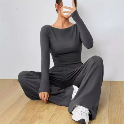 ロングパンツ レディース セットアップ 二点セット 闊腿パンツ ワイドパンツ ゆったり 体型カバー 大きいサイズ プラスサイズ 着痩せ 伸縮性 柔らかい 部屋着 カジュアル スタイル ルームウェア お出かけ 普段着 おしゃれ 上品 楽ちん 無地 シンプル