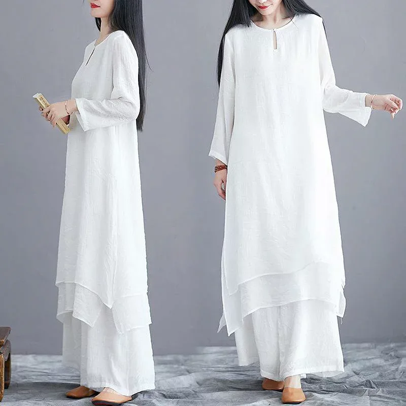 セットアップ レディース 長袖 ラウンドネック ワンピース ワイドパンツ 綿麻 禅服 ナチュラル カジュアル ゆったり 大きいサイズ 体型カバー 着痩せ 細見え 楽ちん 部屋着 普段使い お腹周り 二の腕カバー 無地 シンプル 快適 通気性 切り替え 伸