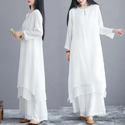 セットアップ レディース 長袖 ラウンドネック ワンピース ワイドパンツ 綿麻 禅服 ナチュラル カジュアル ゆったり 大きいサイズ 体型カバー 着痩せ 細見え 楽ちん 部屋着 普段使い お腹周り 二の腕カバー 無地 シンプル 快適 通気性 切り替え 伸