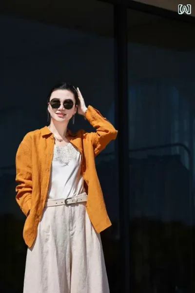 レディース シャツ トップス Anzhiyi リネン ゆったり カジュアル 長袖 シャツ レディース 春夏 通勤 文芸 風 ストレート 無地