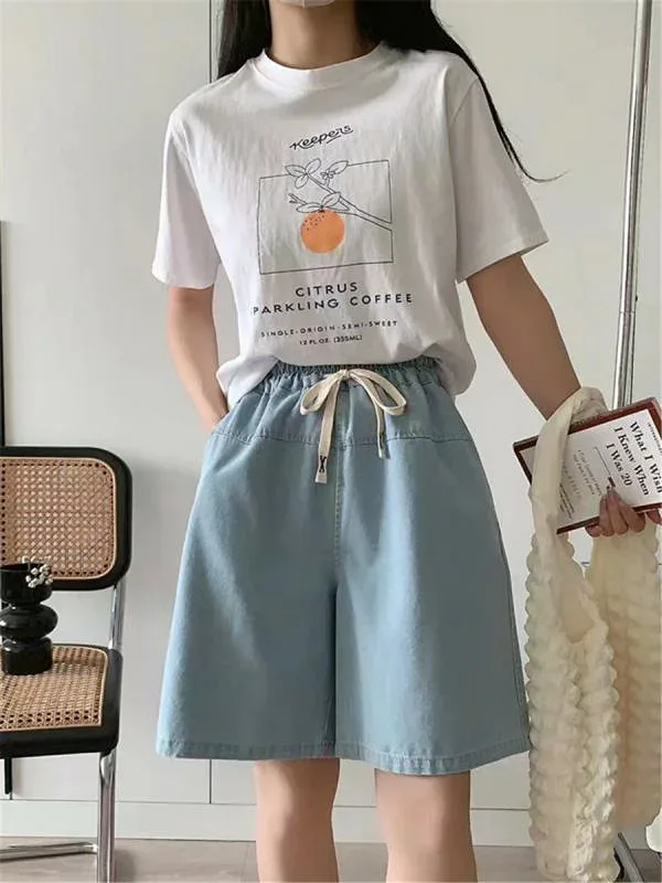 ショートパンツ レディース 短パン ジーパン デニムパンツ 五分丈 ズボン ボトムス ゆったり カジュアル シンプル 無地 切り替え ストレート ワイドパンツ ウエストゴム 紐付き 着痩せ 細見え プラスサイズ 大きいサイズ 体型カバー 体系カバー 普段