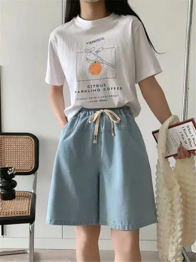 ショートパンツ レディース 短パン ジーパン デニムパンツ 五分丈 ズボン ボトムス ゆったり カジュアル シンプル 無地 切り替え ストレート ワイドパンツ ウエストゴム 紐付き 着痩せ 細見え プラスサイズ 大きいサイズ 体型カバー 体系カバー 普段
