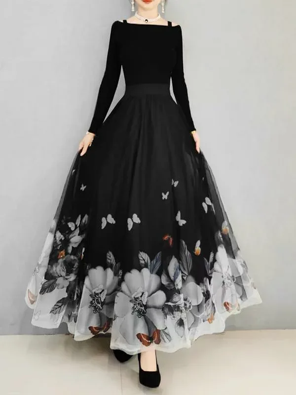 ロングスカート レディース フレアスカート マキシ丈 シフォン 花柄 Aライン 体型カバー ゆったり 切り替え ボトムス チュール素材 ふんわり エレガント 上品 高級感 体系カバー 大きいサイズ 着痩せ 細見え ウエストゴム 落ち感 大人かわいい マキ