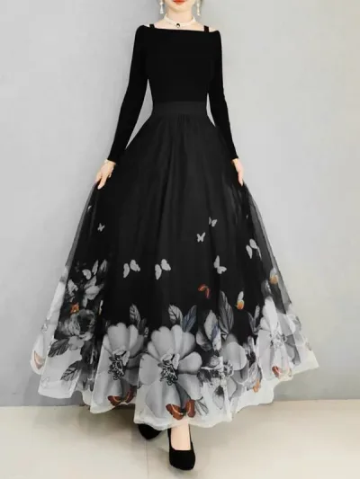 ロングスカート レディース フレアスカート マキシ丈 シフォン 花柄 Aライン 体型カバー ゆったり 切り替え ボトムス チュール素材 ふんわり エレガント 上品 高級感 体系カバー 大きいサイズ 着痩せ 細見え ウエストゴム 落ち感 大人かわいい マキ
