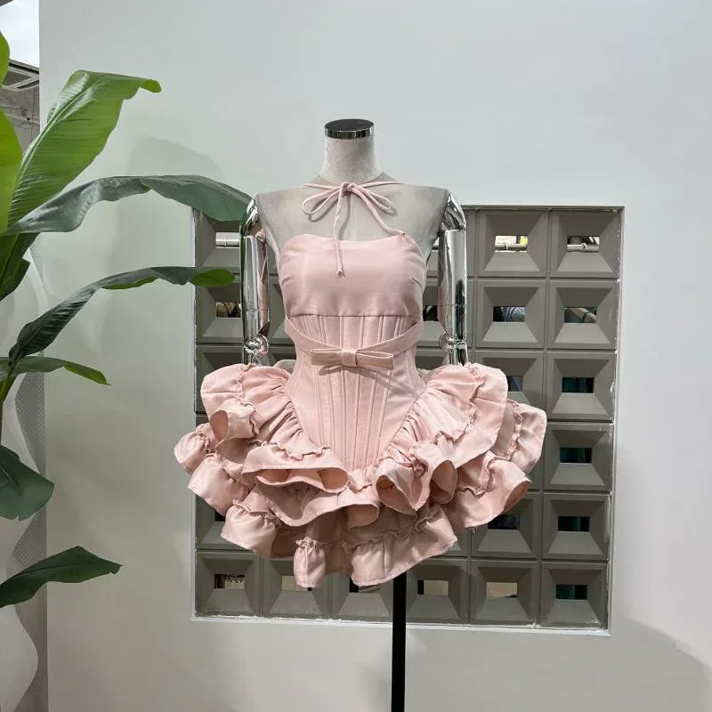 ワンピース レディース ドレス ミニ丈 フレア パフスリーブ リボン 編み上げ ボリューム チュール ティアードスカート フリル 切り替え コルセット ウエストシェイプ パーティー 二次会 結婚式 お呼ばれ 発表会 演奏会 イベント コスプレ 異次元 ガー