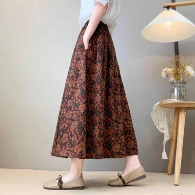 スカート レディース ロング丈 レトロ 花柄 二重層 綿紗 Aライン フレア ゆったり 体型カバー 着痩せ 細見え プラスサイズ お腹周りカバー 体系カバー おしゃれ かわいい カジュアル ふんわり 軽やか 普段使い 通勤 通学 休日 デート 上品 大人
