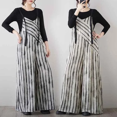 サロペット レディース 春夏 オーバーオール 吊りスカート ズボン パンツ ワイドパンツ ストライプ柄 ゆったり 体型カバー 着痩せ 大きいサイズ カジュアル オールインワン つなぎ コンビネゾン 部屋着 通勤用 お出かけ用 普段使い 縦縞 伸縮性 コッ