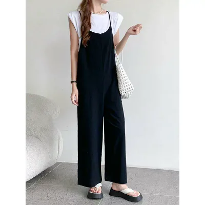 サロペット レディース オーバーオール ズボン 吊りパンツ ワイドパンツ ロングパンツ ブラック ゆったり 体型カバー 大きいサイズ 着痩せ 体系カバー プラスサイズ 普段使い 通勤用 カジュアル 無地 再生繊維 伸縮性 オールインワン つなぎ レトロ