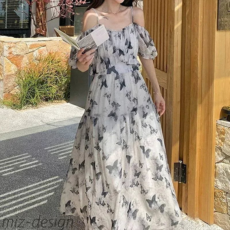 【送料無料】オフショルダーマキシワンピース レディース ワンピース ドレス ロングワンピース シフォンワンピース プリント柄 蝶々柄