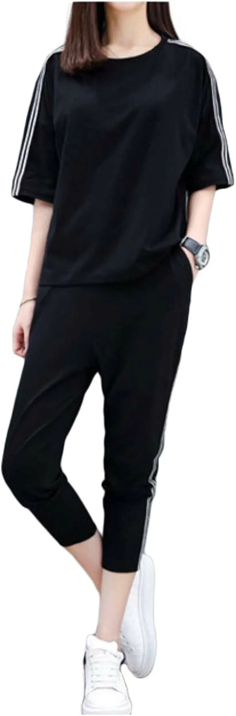上下セット スポーツウェア パンツ tシャツ セットアップ レディース 薄手 ポケット付き (ブラック, L)