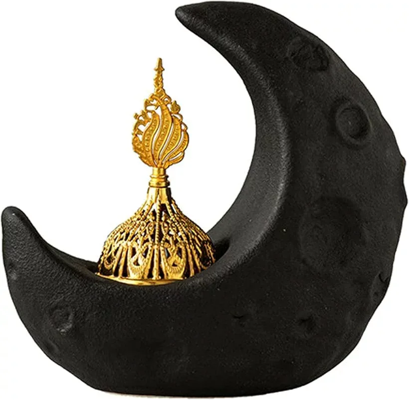 香炉 月型 お香立て アラビア風 三日月 デザイン 癒し インテリア 雑貨 瞑想 ヨガ リラックス セラミック製 コンパクト 卓上 プレゼント ギフト (ブラック, 幅14cmx高さ13.5cm)