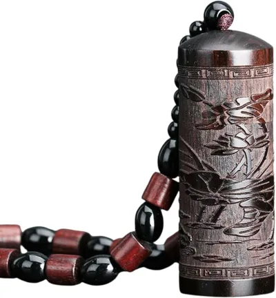 塗香入れ 薬さじ付き 直径2.4cm コンパクトサイズ 参拝 巾着付き 黒檀 ストラップ付き 荷塘月色