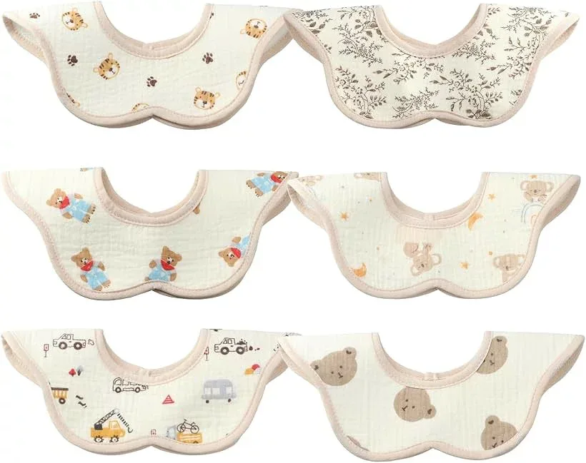 スタイ 6枚セット天使のさらふわ空気ガーゼ鉄壁防水X無添加素材 赤ちゃん 女の子 男の子 (くるま&アニマル6枚セット, 子供用)