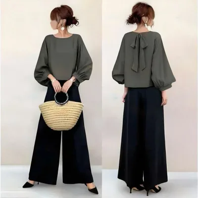 セットアップ レディース 春服 トップス ブラウス 丸首 長袖 パフスリーブ ショート丈 ボトムズ ワイドパンツ ゴム ハイウエスト 大人 40代50代 上下セット 無地