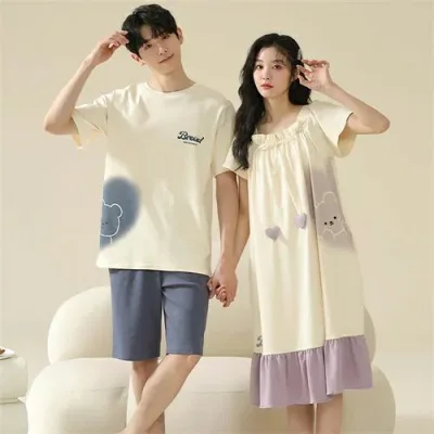 ペア パジャマ 半袖 夏 男女2着 セット メンズ ルームウェア 春夏 レディース ワンピース 綿100% ペアパジャマ ギフト おしゃれ カップル スウェット プレゼント 結婚祝い