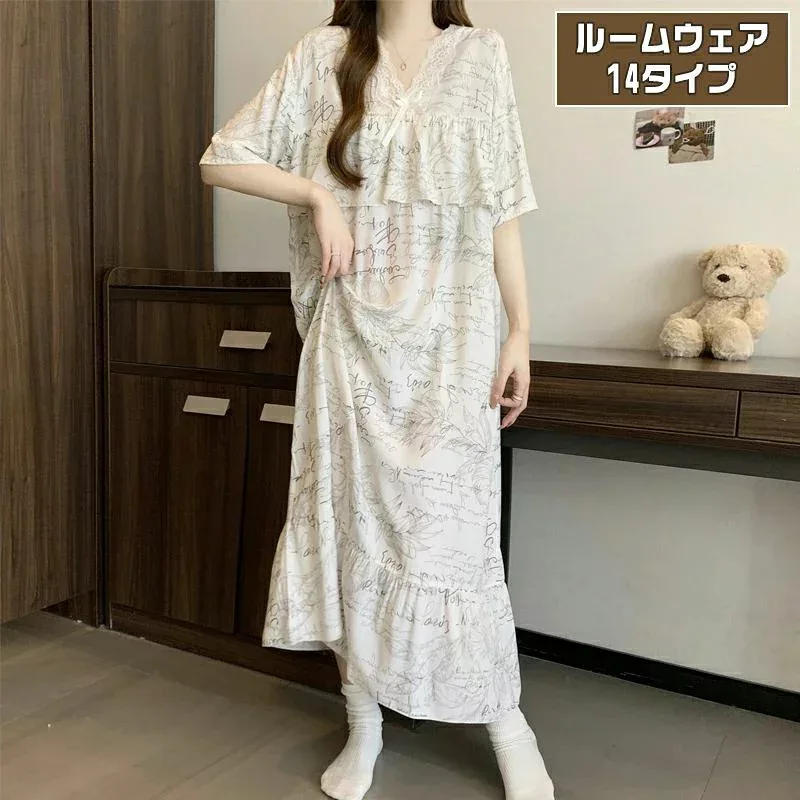 快適 ルームウェア フリーサイズ ナイトウェア 柔らかい コットンサテン 夏用 半袖 Vネック 部屋着 可愛い フェミニン ワンピース ゆったり 豆緑?瑰 涼しい 白色写意 寝間着 大きいサイズ レディース