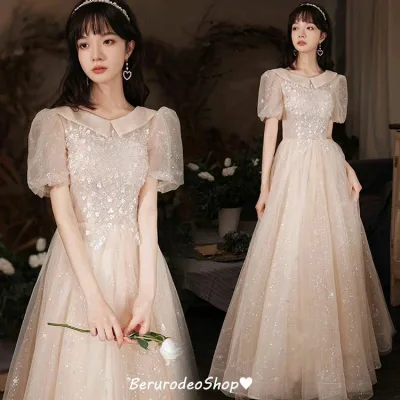 ロングドレス 発表会ドレス 襟付き パフスリーブ キレイめ スパンコール 結婚式ドレス ロング 送料無料 パーティードレス キラキラ Aライン 二次会ドレス イブニングドレス お呼ばれドレス 可愛い シャンパン色