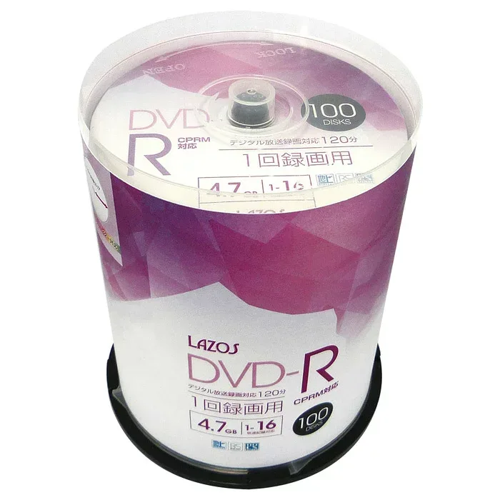 Free shipping DVD-R for recording video 100 discs 4.7GB in spindle case CPRM compatible 16x speed white wide printing compatible Lazos L-CP100P/2631x3 pcs set/wholesale
