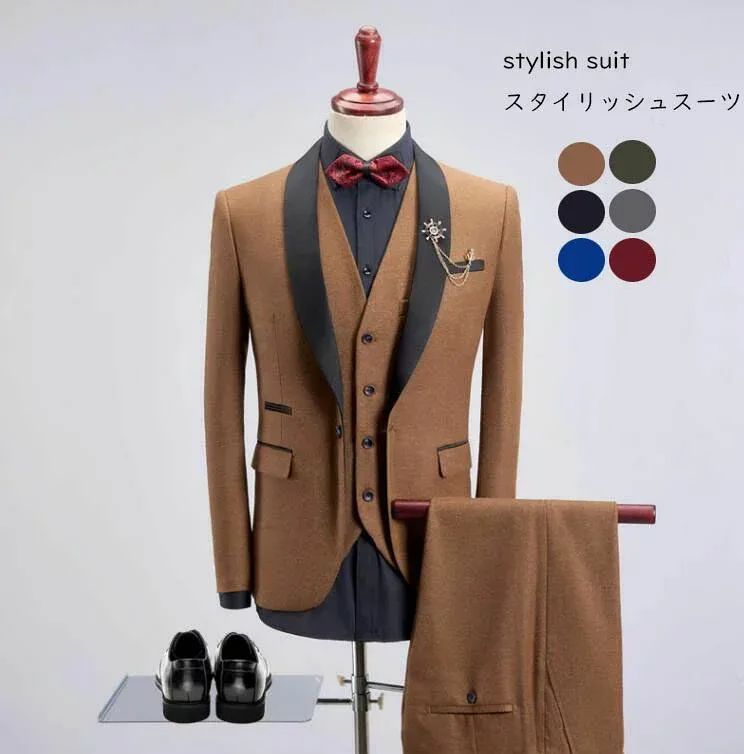 7色選択可 スリムスーツ タキシード メンズスーツ 細身 紳士服 フォーマル オフィス ビジネス キャリア リクルートスーツ カジュアルスーツ お呼ばれ 結婚式 二次会 卒業式 入学式 通勤就活面接 入社 おしゃれスーツ 大きいサイズ 3点セット 青 紺色 赤 カーキ 灰色 黒 緑