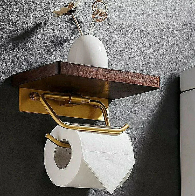 天然木 トイレットペーパーホルダー 真鍮ダブルフック アンティーク 北欧風 木製 アイアン ブラウン 棚付き おしゃれ 収納 トイレットペーパー ホルダー 天板付き 小物置き オイル仕上げ 簡単設置