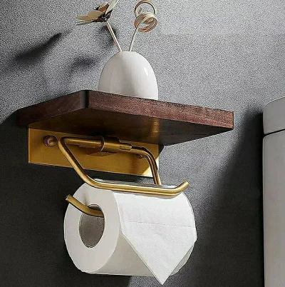 天然木 トイレットペーパーホルダー 真鍮ダブルフック アンティーク 北欧風 木製 アイアン ブラウン 棚付き おしゃれ 収納 トイレットペーパー ホルダー 天板付き 小物置き オイル仕上げ 簡単設置