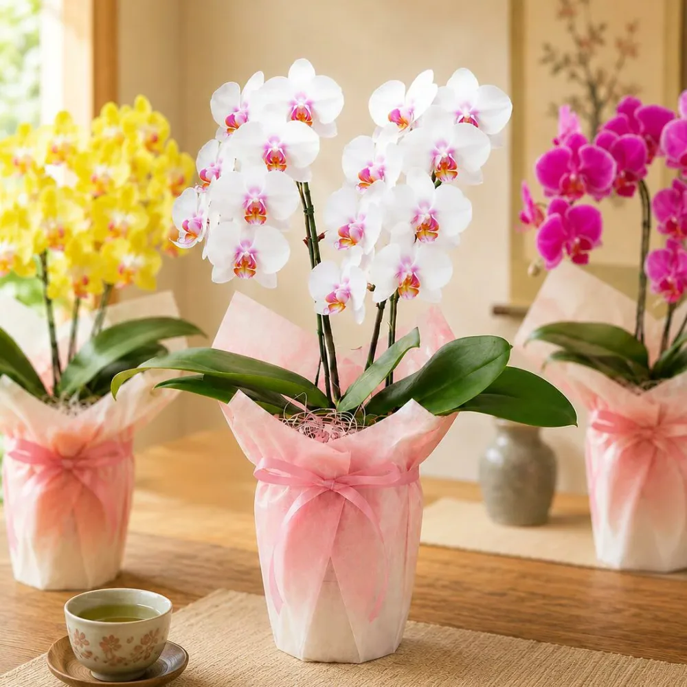 敬老の日 花 『ミディ胡蝶蘭 2本仕立て 「メルシー」』ギフト プレゼント 選べる蘭 2本立ち 花言葉:幸せが舞い込む 洋蘭 お祝い おじいちゃん おばあちゃん 贈り物 ラッピング&リボン付き スイーツセット可《敬》【贈】【敬】
