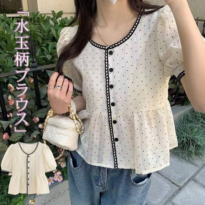 ブラウス シャツブラウス レディース トップス シャツ 半袖 ゆったり 夏 フレアブラウス 大人 フェミニン 水玉柄