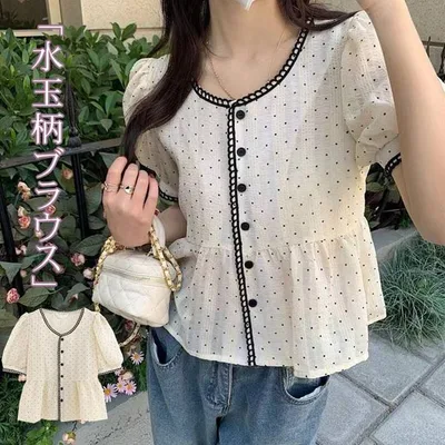 ブラウス シャツブラウス レディース トップス シャツ 半袖 ゆったり 夏 フレアブラウス 大人 フェミニン 水玉柄