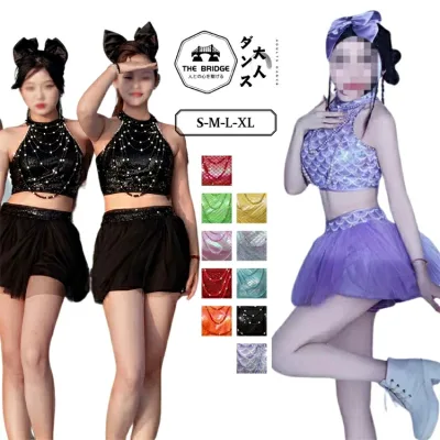 大人レディース K-POPダンス衣装 ステージ衣装 セットアップ ノースリーブクロップトップス ショートパンツ/チュールミニスカート 黒 紫 発表会 イベント ステージ レッスン 団体衣装 おしゃれ かっこいい 動きやすい