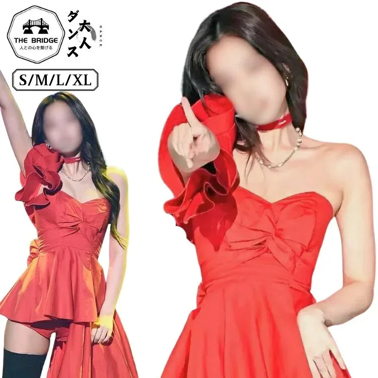 Women's K-POP Dance Costume Setup, Heart Neck Top with Ruffles on One Shoulder, Shorts, Adult Women, Recitals, Events, Stages, Lessons, Stage Costumes, Group Costumes, Stylish, Cute, Easy to Move, Looks Great on Stage, Adults-Ladies