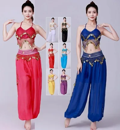 Women's Dance Costume, Adult Setup, Halter Neck Crop Top, Waist Belt, Loose Pants, Recital, Event, Stage, Lesson, Stage Costume, Group Costume, Stylish, Easy to Move, Cool, Adult-Ladies Team Costume