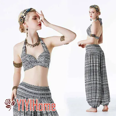 Belly Dance Costume, Adults, Women's Setup, Halter Neck Top, Sarouel Pants, Top and Bottom Set, Recital, Stage, Lesson, Event, Stage Costume, Group Practice, Stylish, Easy to Move, Women's Dance Costume, Group Costume, Team Costume