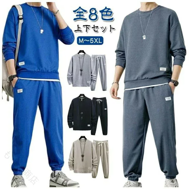上下セット トレーナー メンズ セットアップ スエット 無地 長袖 秋服 秋冬 スポーツウェア クルーネック 春物 重ね着風 ジャージ 部屋着 大きいサイズ レディース 黒 パジャマ 中学生ス