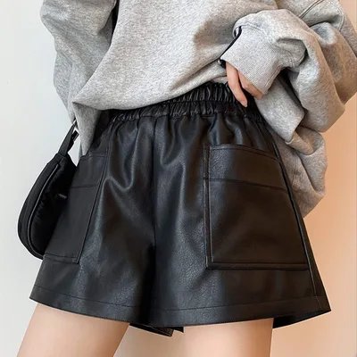 送料無料 レザー ショートパンツ レディース ウエストゴム フェイクレザー ワイドショーパン 春秋冬 ミニ キュロットパンツ ハイウエスト