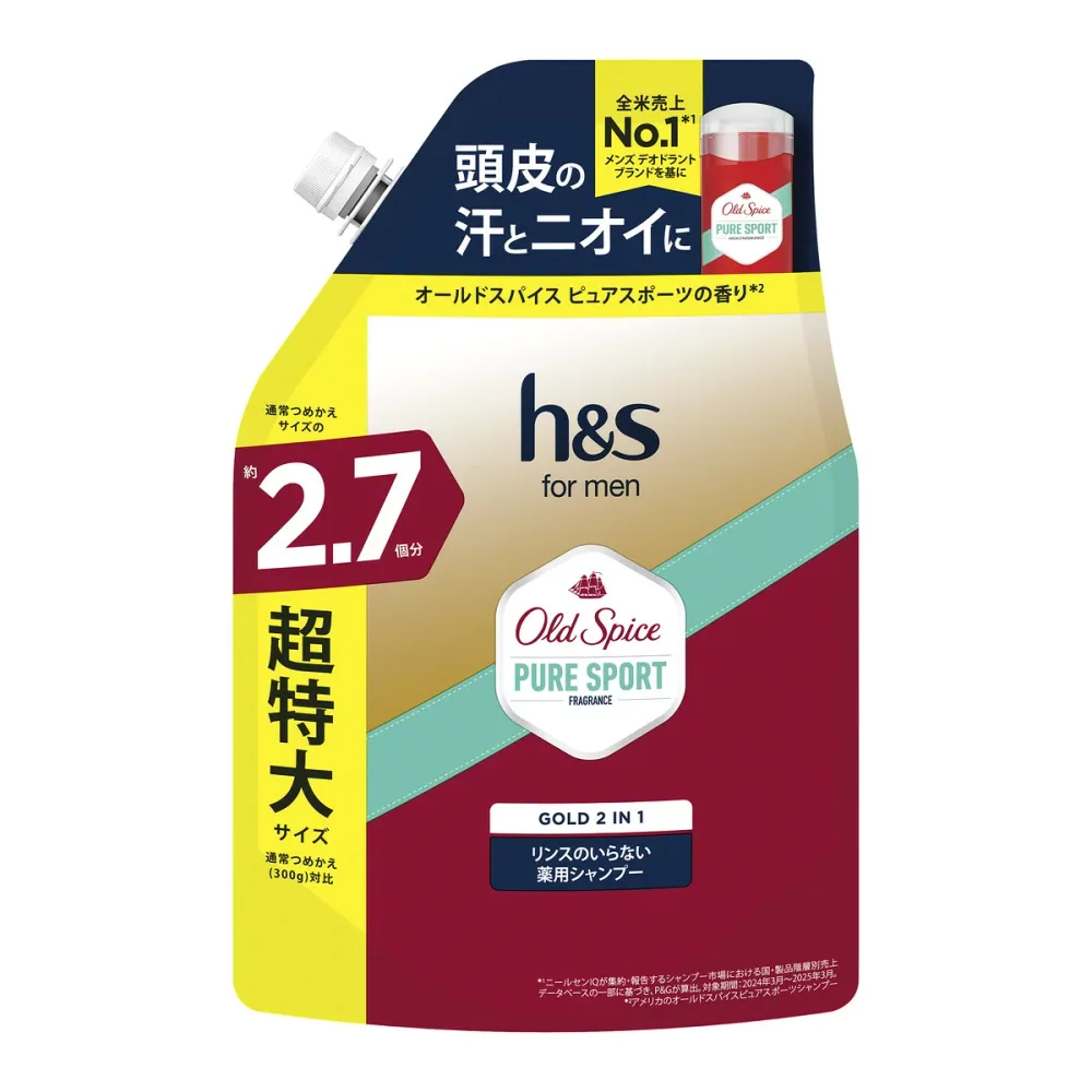 【送料込・まとめ買い×3個セット】h&s for men ゴールド2IN1 シャンプー オールドスパイス ピュアスポーツの香り つめかえ用 超特大 2.7倍 800g P&G