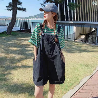 サロペット ショート丈 パンツ レディース オーバーオール つなぎ デニム 夏 薄手 韓国 ゆったり グレー ブルー