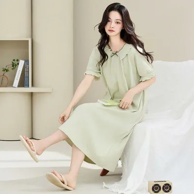 Breathable, Cool, Comfortable, Room Wear, Dress, Women's, Maternity, 100% Cotton, Short Sleeve, Mid Length, Loose, Large Size, One Mile Wear, Loungewear, Round Neck, Thin, Spring/Summer, Cute