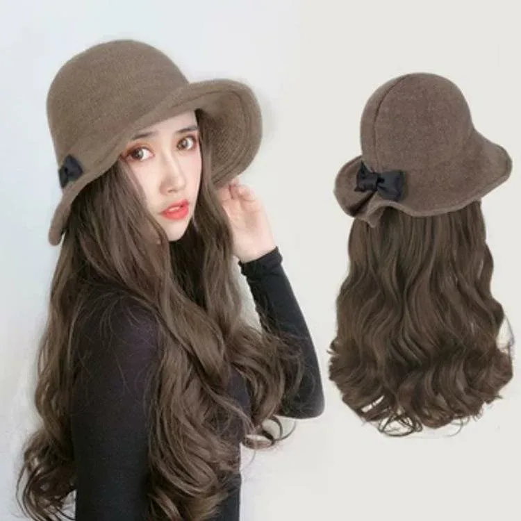 帽子 レディース 一体型 ウィッグ バケットハット ロングカール 韓国風 おしゃれ かわいい 秋冬 カジュアルスタイル 耐熱ファイバー