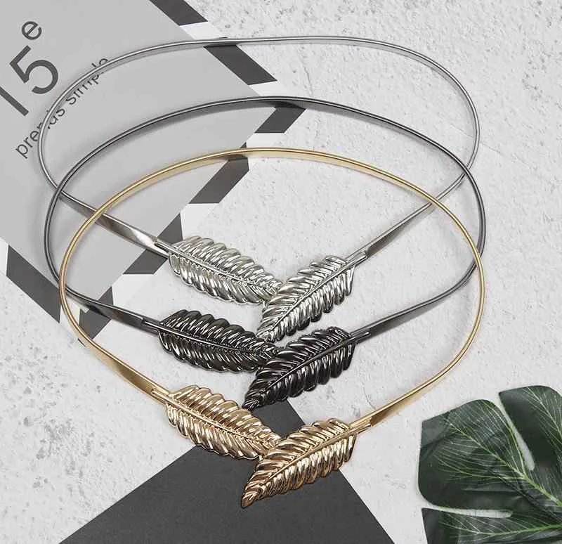 Belt for Women Elastic Waist Chain 3D Leaf Motif Gold Metal Thin Belt Dress Dress Decoration Fashion Accessory Stylish Accent